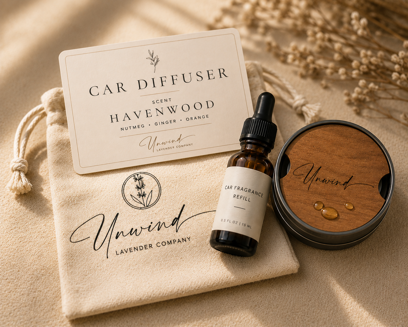 Unwind Car Fragrance Diffuser | Refillable Wooden Car Air Freshner